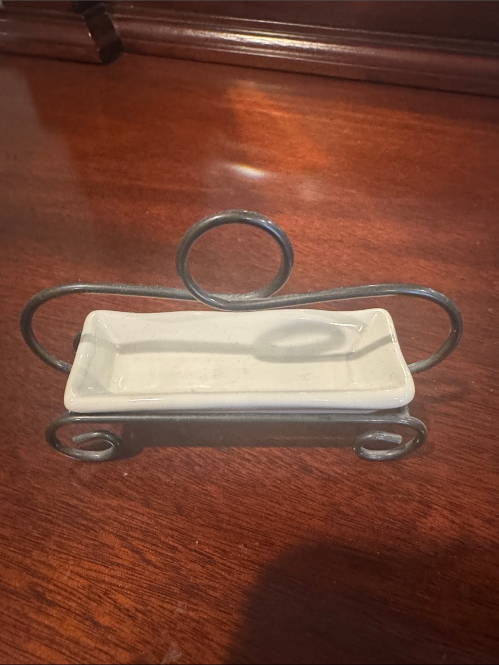 White Ceramic 2” Ring Dish with Metal Scroll Holder - White